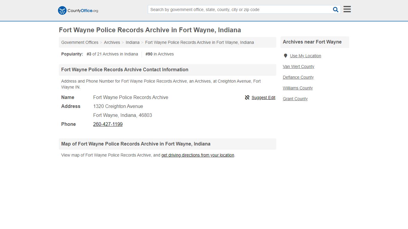 Fort Wayne Police Records Archive in Fort Wayne, Indiana