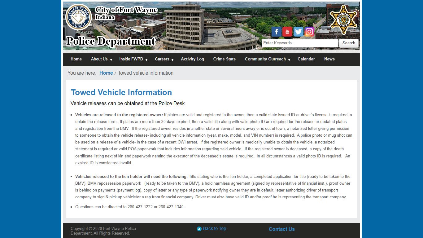 Towed vehicle information - Fort Wayne Police Department